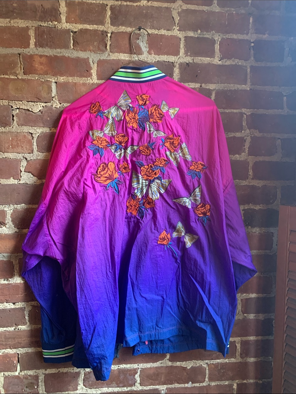 silence + noise Pink to Purple ombré Floral Varsity Jacket Embroidered